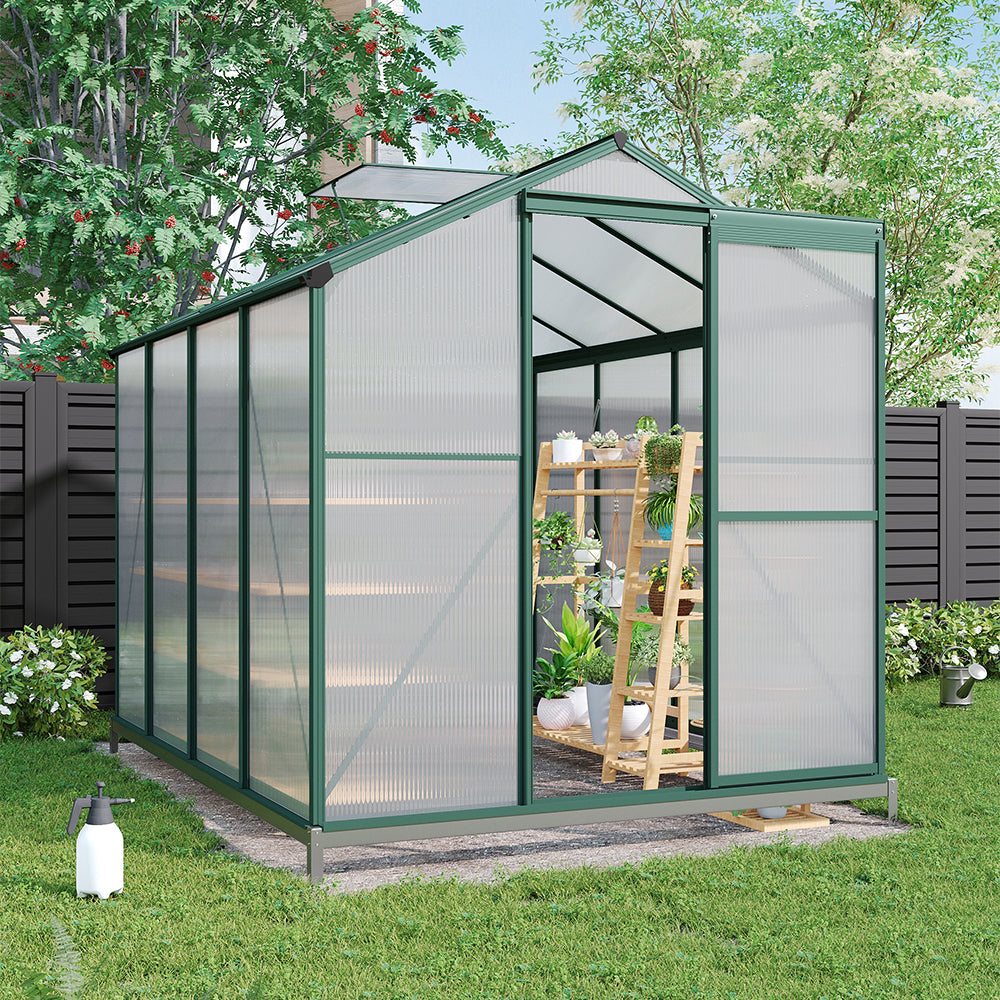 8x6ft aluminium greenhouse with base and vented window – polycarbonate garden greenhouse for year-round use